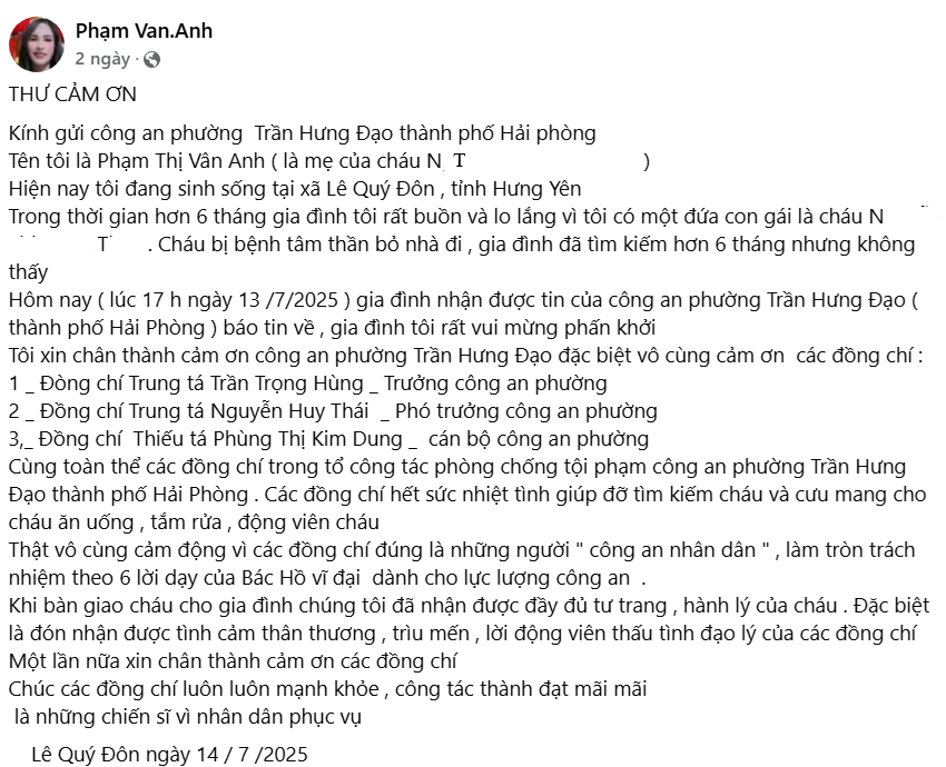 Công an phường Trần Hưng Đạo hỗ trợ một thiếu nữ đi lạc 6 tháng trở về gia đình